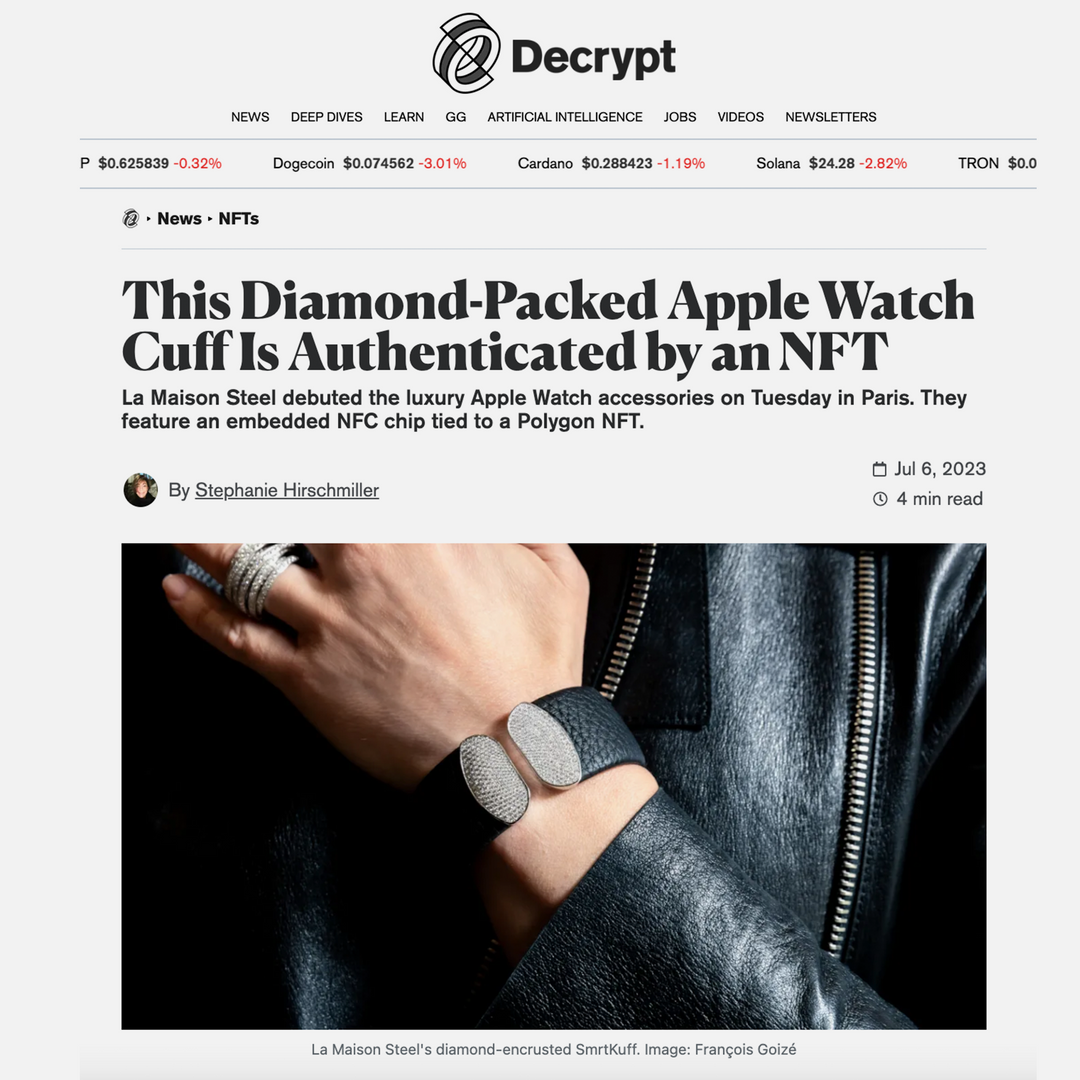This Diamond-Packed Apple Watch Cuff Is Authenticated by an NFT - La Maison STEEL featured on Decrypt