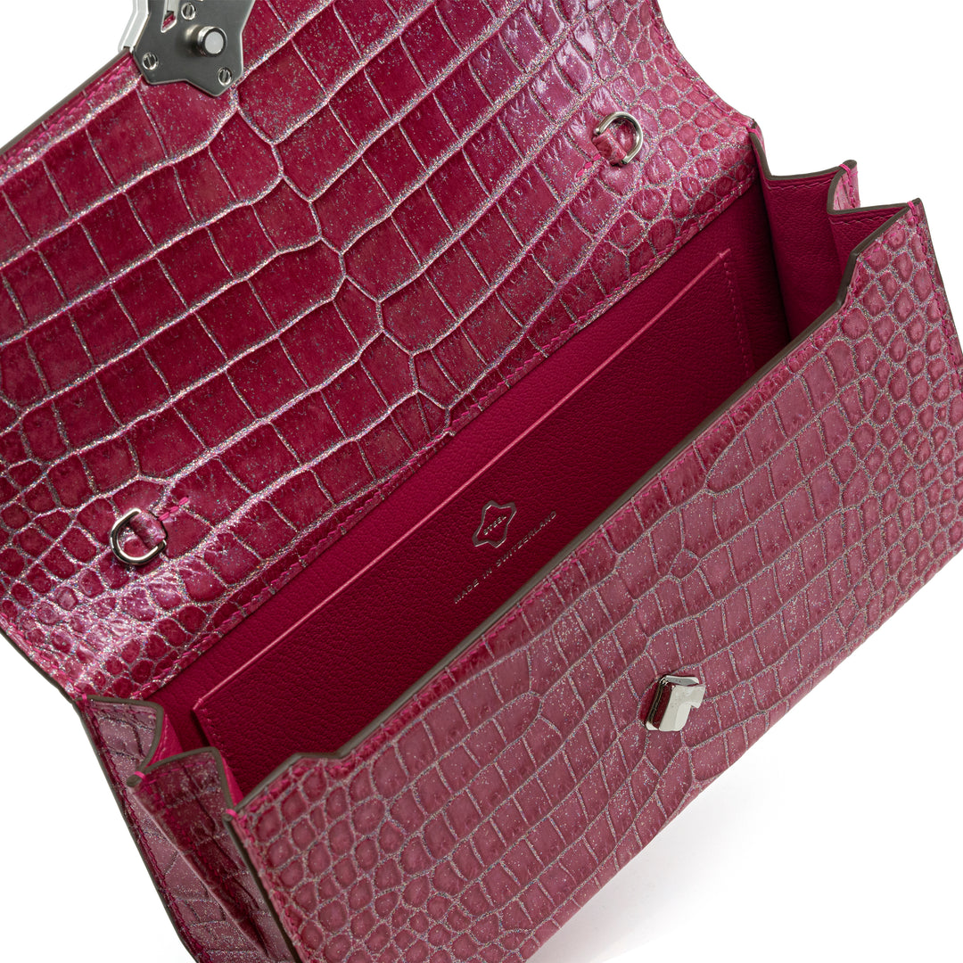 Steel Everywhere Clutch Sculpture | Handbag | Limited Edition | 100% Handmade & Saddle-Stitched in Switzerland | Radiant Rose Porosus Crocodile