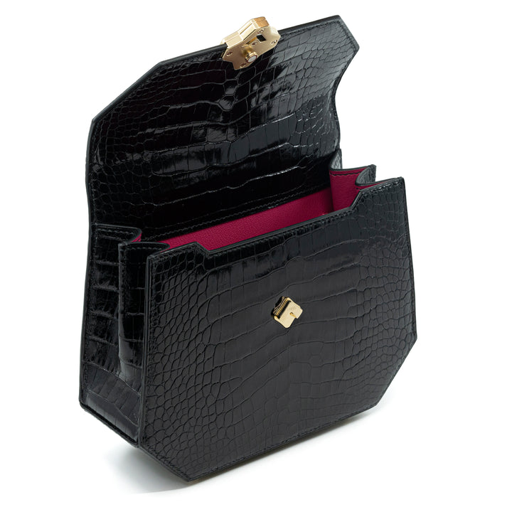 Steel Icon Mini Sculpture | Handbag | Limited Edition | 100% Handmade & Saddle-Stitched in Switzerland | Glazed Noir Alligator