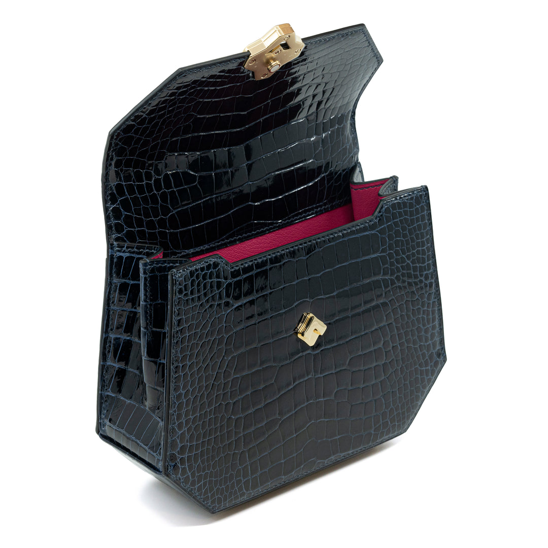 Steel Icon Mini Sculpture | Handbag | Limited Edition | 100% Handmade & Saddle-Stitched in Switzerland | Glazed Sapphire Alligator