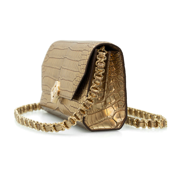 Steel Everywhere Clutch Sculpture | Handbag | Limited Edition | 100% Handmade & Saddle-Stitched in Switzerland | Antique Gold Porosus Crocodile | Diamond Pave Lock